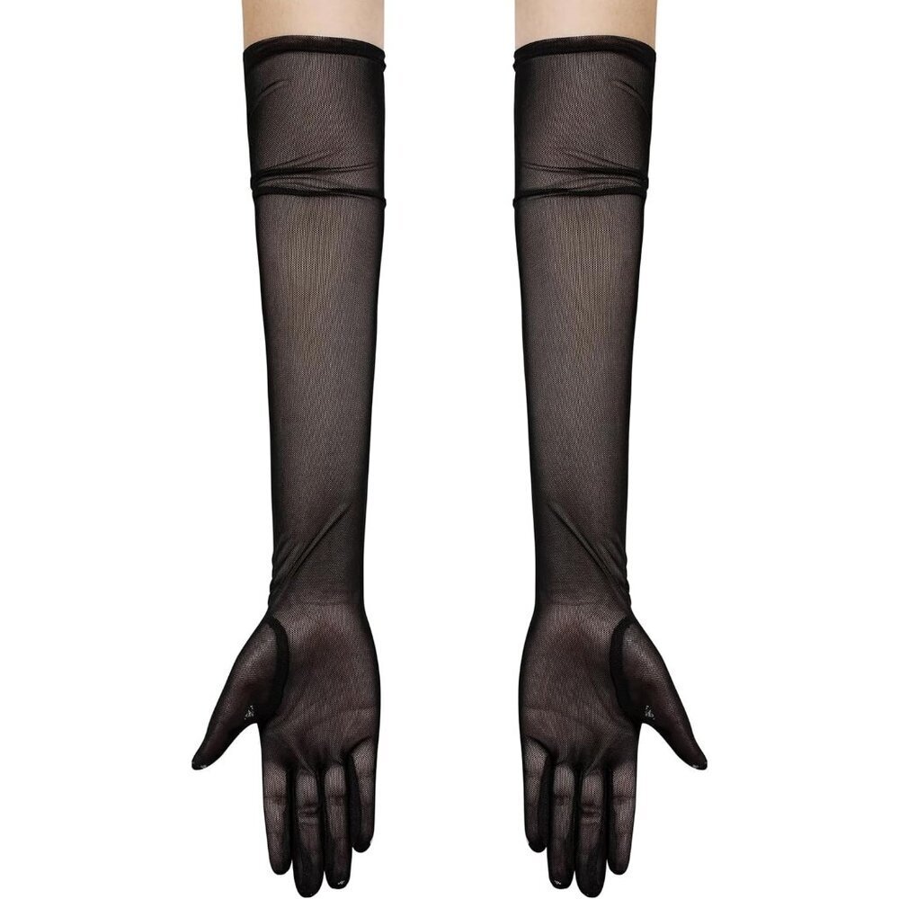 Women's Tulle Champagne Long Stretchy Gloves Halloween Party Wedding Costume - Picture 2 of 6